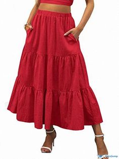 Orcajump - Flared Waist Cinching Knee-Length Skirt with Pleats Skirt With Pleats, Umbrella Skirt, Red S, Knee Length Skirt, Cinched Waist, Knee Length, Umbrella, Skirt, Red