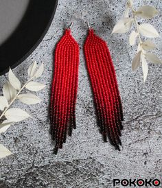 Red beaded earrings Fringe gradient earrings Seed bead | Etsy Red Long Drop Beaded Earrings, Elegant Red Earrings With Black Beads, Red Beaded Earrings, Red Bead Earrings, Beadwork Earrings, Earrings Luxury, Luxury Earrings, Fashion Jewelry Earrings, Seed Bead Necklace