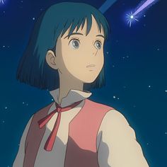 an anime character with blue hair wearing a red and white shirt, standing in front of stars