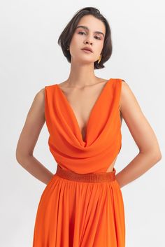 Description Orange A-line, Long dress Sleeveless Open neckline Chiffon Dry Clean Evening Dress Made in Lebanon GMS23 6984LD Long Flared Dress, Georgette Dress, Flared Dress, Greek Style, Casual Clothing, Dress Sleeveless, On The Side, Lebanon, Evening Dress