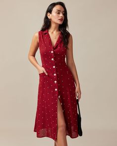 The Red V Neck Polka Dot Tie Back Midi Dress - Women's Red Polka Dot Button Up Print Midi Dress - Red - Dresses | RIHOAS Red Polka Dot Dress, Tailored Clothes, Polka Dot Tie, V Neck Midi Dress, Sleeveless Midi Dress, Polka Dot Design, Dot Design, Red Midi Dress, Midi Maxi Dress