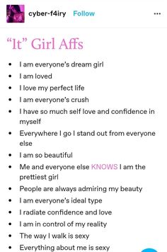 How To Use Affirmations, Tumblr Affirmations, Photogenic Affirmations, Personality Affirmations, It Girl Affirmations, Love Subliminal, Dream Life Manifestation, Importance Of Self Care, Girl Affirmations