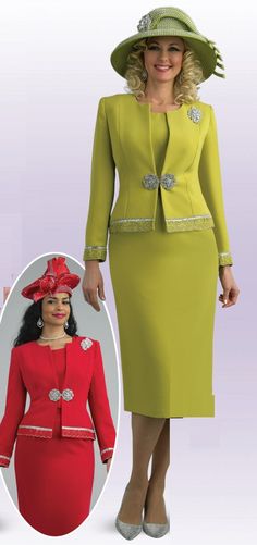 Lily and Taylor 4272 3 piece French Crepe Skirt Suit Colors: Black, Emerald, Hot Pink, Hunter, Ice Blue, Kiwi, Lavender, Magenta, Navy, Peach, Pink, Purple, Red, Royal, Rust, White Sizes: 4, 6, 8, 10, 12, 14, 16, 18, 20, 22, 24 Matching Hat Available H189 Rust H392 Black H381 Magenta H319 Royal H683 Emerald H208 Red H278 Kiwi Call (469)571-3647 or email DivasDenFashion@gmail.com to purchase hat Suit Colors, Church Dresses For Women, Church Suits And Hats, Women Church Suits, Crepe Skirt, Church Dress, Church Suits, Crepe Skirts, Womens Dress Suits