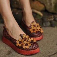 Flats Shoes Women Wide Width Hollow-Out Flowers Casual Loafers Slippers Khaki/Army-Green/Wine-Red Brown Leather Shoes With Platform Flat Heel, Brown Slip-on Flats For Spring, Brown Leather Flat Heel Platform Shoes, Leather Closed Toe Platform Flats, Brown Leather Platform Slip-on Shoes, Brown Leather Slip-on Platform Shoes, Brown Spring Loafers, Spring Brown Loafers, Spring Brown Flat Loafers