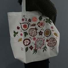 a woman is holding a white bag with fruit on it and leaves around the handles