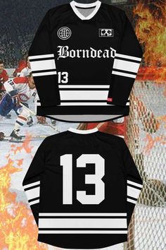 The Born Dead Hockey Jersey is made of a polyester mesh jersey material. The designs consist of the number thirteen, Born Dead text logo, full and a globe. Perfect to wear over a hoodie and to complete the look of a hockey jersey. The designs are printed. • 100% recycled polyester fabric • Fabric weight: 4.7 oz./yd.² (160 g/m²)• Two-way stretch fabric• Moisture-wicking material• Relaxed fit This item is Made to Order. Size guide CHEST (inches) WAIST (inches) HIPS (inches) 2XS 34 ⅝ 28 ⅜ 35 ⅜ XS 3 Cheap Black Jersey With Graphic Print, Cheap Black Graphic Print Baseball Jersey, Black Collegiate Jersey For Streetwear, Black Jersey With Team Logo For Streetwear, Black Varsity Jersey For Streetwear, Black Sublimation Design T-shirt With Team Logo For Streetwear, Collegiate Streetwear Jersey With Sublimation Print, Team-colored Graphic Print Jersey For Streetwear, Team Name Jersey For Streetwear During Sports Season