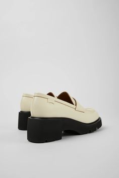 MLH White Formal Shoes for Women - Autumn/Winter collection - Camper USA Slip-on Synthetic Platform Loafers For Work, Modern Fall Slip-ons With Removable Insole, Modern Slip-ons With Leather Footbed For Work, Slip-on Platform Loafers With Rubber Sole For Work, Modern Leather Platform Slip-ons, Modern Synthetic Platform Slip-ons, Leather Slip-ons With Lug Sole For Fall, Leather Platform Loafers With Cushioned Footbed For Fall, Beige Casual Platform Loafers With Rubber Sole