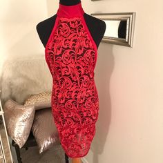 Dress Is Custom Made Chic Lace Mini Dress For Party Season, Red Lace Knee-length Mini Dress, Red Stretch Mini Dress For Formal Occasions, Formal Red Stretch Mini Dress, Elegant Red Stretch Mini Dress, Red Lace Sleeveless Dress, Glamorous Red Stretch Mini Dress, Chic Red Lace Mini Dress, Glamorous Red Dress For Spring