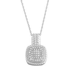 Dazzling with round-cut diamonds in a cushion motif, this sterling silver necklace offers striking style. Click on this JEWELRY & WATCHES GUIDE to learn about fit, styles, materials and more!PENDANT DETAILS Pendant length: .77 in. Chain length: 18 in. Clasp: spring-ring Metal: sterling silver Plating: rhodium DIAMOND DETAILS Total weight: 1/4 ct. Shape: round Color grade: I-J Clarity: I2-I3 Setting: prong Gemstones may have been treated to enhance their appearance. Special care may be required. Formal Diamond Necklace With Square Pendant, Formal Square Pendant Diamond Necklace With Accents, Sterling Silver Square Pendant With Diamond Accents, Sterling Silver Square Pendant Jewelry With Diamond Accents, Diamond White Cushion Cut Jewelry With Pave Setting, White Gold Cushion Cut Diamond Necklace For Anniversary, Diamond White Cushion Cut Fine Jewelry Necklace, White Cushion Cut Jewelry With Pave Setting, White Gold Cushion Cut Necklace