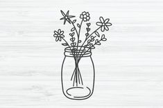 a drawing of flowers in a mason jar