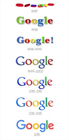 the evolution of google logo in different colors and sizes, including red, green, yellow, blue, and white