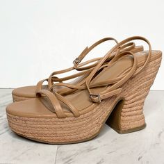 Marc Fisher Fetch Espadrilles Faux Leather Wedge Sandals 9.5 M >Never Worn More Than To Try On >Style: Fetch Sandal >Espadrille Platform And Heel >Round Toe, Ankle Strap With Buckle Closure >Color: Tan / Blush / Natural, Faux Leather >Size 9 1/2 M >Heel Height Is Approx. 4 3/4in >Platform Height Is Approx. 1 1/2in Please Remember That Color Can Vary From Different Devices. May Have Sticker Residue On Bottom Sole Or Footbed From Previous Tag Spring Wedge Sandals With 4-inch Heel, Beige High Heel Wedge Sandals With Heel Strap, Beige Block Heel Wedge Sandals For Spring, Synthetic Platform Wedge Sandals With Block Heel, Beige High Heel Wedge Sandals With Padded Heel, Beige Wedge Sandals With Padded Heel For Summer, Wedge Heels With Heel Loop For Vacation, Beige Closed Toe Wedge Sandals With Padded Heel, Spring Synthetic Wedge Sandals With Round Toe