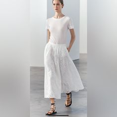 Zara Embroidered Midi Skirt Zw Collection Beautiful Spring Floral Embroidered Long Skirt, Chic Spring Bottoms With Cutwork Hem, Chic Bottoms With Cutwork Hem For Spring, Spring Embroidered Flowy Skirt, Spring Embroidered Midi Skirt, White Bottoms With Cutwork Hem For Summer, Chic Skirt Bottoms With Floral Embroidery, Casual Summer Bottoms With Cutwork Hem, Chic Skirt With Floral Embroidery