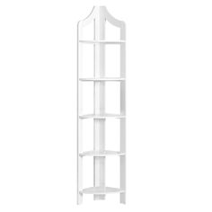 a tall white shelf with four shelves on each side and one section missing the top