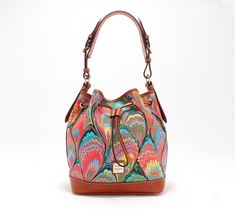 Carry your joy forward with this prettily plumed drawstring bag in coated cotton. It's a colorful companion to closet neutrals (think: linen pants, simple tank dresses, and denim) but also beautiful with your wardrobe's best and brightest. From Dooney & Bourke. Spring Shopping Bags, Multicolor Bucket Bags For Spring, Multicolor Cotton Bags For Spring, Multicolor Bags For Day Out In Spring, Fitness Jewelry, Adaptive Clothing, Cuddl Duds, Beauty Storage, American Leather