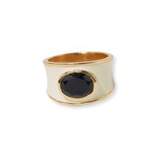 Hazel Oval Stone With Enamel Band Ring Ivory/Black Ivory/Black RING Classic Oval Enamel Jewelry, Elegant Oval Black Enamel Ring, Formal Oval Enamel Ring With Black Enamel, Formal Oval Black Enamel Ring, Formal Black Enamel Oval Ring, Elegant Oval Enamel Ring, Formal White Enamel Gemstone Ring, White Enamel Ring For Formal Occasions, Oval Enamel Ring For Gift