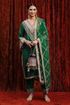 Dark green kurta with gota, dori and badla embroidered bodice and cuffs. Paired with a pant with gota embroidered panels and chequered pattern dupatta. - Aza Fashions Kurta Cotton, Kurta Pant Set, Embroidered Bodice, Pant Set For Women, Kurta With Pants, Checkered Pattern, Pants Pattern, Pant Set, Set For Women