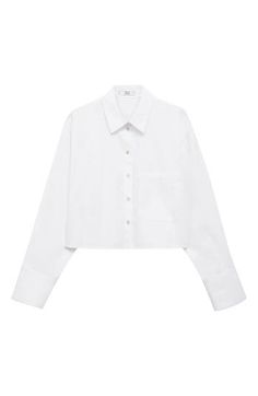 Honeyed mother-of-pearl buttons punctuate a crisp cotton button-up shirt that's completed by an oversized patch pocket on the chest. Front button closure Point collar Long sleeves Chest patch pocket 100% cotton Machine wash, line dry Imported White Collared Blouse With Pockets, Classic Cropped Button-up Shirt With Button Cuffs, White Buttoned Pockets Shirt For Work, White Shirt With Buttoned Pockets For Work, White Button-up Blouse With Buttoned Pockets, White Relaxed Fit Top With Buttoned Pockets, White Tops With Buttoned Pockets And Relaxed Fit, White Blouse With Buttoned Pockets For Work, Classic White Shirt With Buttoned Pockets