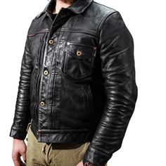 Product details Fabric Type Genuine Leather Care Instructions Hand Wash Only Origin Imported Product Description This horsehide leather jacket is made from premium quality cowhide leather. It is a slim fit jacket and is suitable for all occasions. This leather jacket is a wardrobe essential for men who want to have a classic and stylish look. This jacket has a front Single Breasted closure. It has a Turn-down Collar and a full sleeve. This jacket has one front pocket. This jacket is designed to be comfortable and stylish. This jacket is perfect for casual wear, parties, and other occasions. ⚠ Purity and perfection at the highest level in one leather Jacket The following features are included: ① 100% Handmade & Imported Genuine Cowhide Leather ② Single Breasted closure ③ Premium Stitching T Leather Jacket With Buttons And Long Sleeves, Leather Biker Outerwear With Buttons, Fitted Biker Outerwear With Button Closure, Fitted Biker Jacket With Button Closure, Leather Jacket With Snap Buttons, Fitted Leather Biker Jacket With Pockets, Classic Leather Biker Jacket With Buttons, Fitted Leather Jacket With Pockets, Rugged Leather Jacket With Button Closure For Work