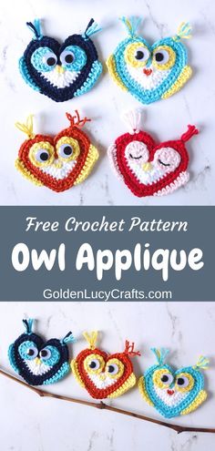 crochet owl applique is shown with the words free crochet pattern