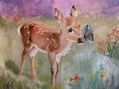 a painting of a fawn with butterflies on it's nose in the grass