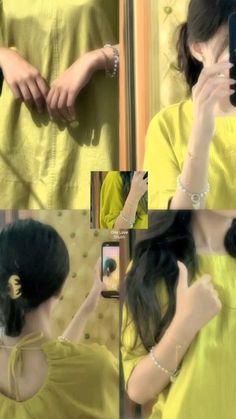 a woman taking a selfie in front of a mirror wearing a yellow dress and holding a cell phone up to her ear