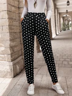 Polka Dot Print Pocket Decoration Casual Straight-Leg Pants Black Casual   Woven Fabric Geometric,Polka Dot,All Over Print Tapered/Carrot Slight Stretch  Women Clothing, size features are:Bust: ,Length: ,Sleeve Length: Stile Hip Hop, Inspiration Mode, Polka Dot Print, Casual Girl, Dot Print, Straight Leg Pants, Printed Shorts, Women Clothes Sale, All Fashion