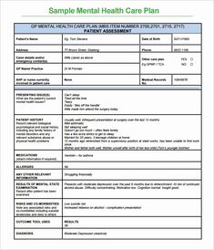 sample mental health care plan is shown in this image, it shows the patient's name