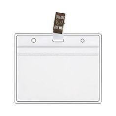 a white card holder with a brown label on the front and bottom, hanging from a clip