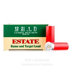 a box of estate game and target load 12 gauge shotshells on a white background