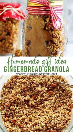 homemade gluen gingerbread granola in a glass jar with a red bow on top