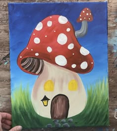 a painting of a mushroom house in the grass