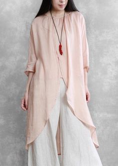 Bohemian pink tops women o neck asymmetric short blouses Hijab Fashion Inspiration Casual, Loose Top Outfit, Fluid Fashion, Gender Fluid Fashion, Baggy Tops, Casual Knitwear, Linen Tunic Tops, Gender Fluid, Short Blouses