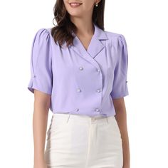 Designed with a unique double-breasted detail and a camp neck, this top combines style and comfort effortlessly. Made with smooth chiffon fabric, this top ensures all-day comfort without compromising on style. It can be simply paired with work pants or pencil skirt for a casual look. Whether you're going for a relaxed brunch or a night out, this top ensures a fashionable and comfortable look. Chambray Top, Tops Blouse, Women's Blouses, Satin Shirt, Work Tops, Elegant Shirt, Hem Style, Collar Blouse, Linen Women