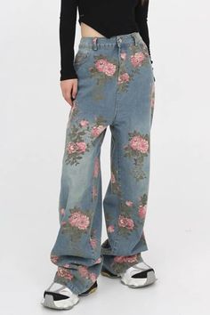 floral print wide jeans, blue floral denim pants with rose print, aesthetic baggy jeans boogzel Print Aesthetic, Floral Denim