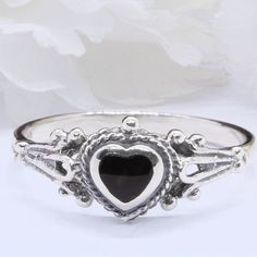 "☉ Metal Type: Sterling Silver. ☉ Metal Stamp or Hallmark: .925 ☉ Metal Purity: 92.5% Sterling. ☉ Gemstone: Simulated Onyx ☉ Gemstone Creation Method: Simulated ☉ Face Measurements From South To North: 8mm(0.31\") Custom orders welcome!" Black Promise Ring, Classic Heart Cut Stackable Rings As A Gift, Classic Heart Cut Stackable Rings For Gift, Classic Adjustable Heart Promise Ring, Silver Round Band Jewelry For Valentine's Day, Classic Heart-shaped Stackable Rings For Valentine's Day, Classic Heart Ring With Round Band, Classic Sterling Silver Heart Ring For Valentine's Day, Classic Silver Heart Promise Ring