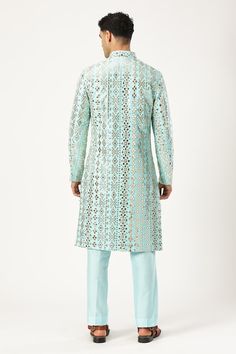 Sky blue sherwani jacket mirror embroidery. Paired with a sku blue plain kurta, pant and mirror work stole. - Aza Fashions Sky Blue Sherwani, Sherwani Jacket, Plain Kurta, Blue Sherwani, Jayanti Reddy, Dia Mirza, Anushree Reddy, Mirror Embroidery, Anamika Khanna