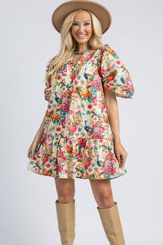 Peacock Floral Dress, Natural Spring Puff Sleeve Dress With Ruffle Hem, Vacation Tiered Dress With Ruffle Hem And Flutter Sleeves, Spring Puff Sleeve Mini Dress With Ruffles, Ruffle Sleeve Tiered Dress For Vacation, Vacation Tiered Dress With Ruffle Details, Tiered Ruffle Sleeve Dress For Vacation, Chic Tiered Ruffle Sleeve Dress For Spring, Chic Tiered Dress With Ruffle Sleeves For Spring, Summer Floral Print Tiered Puff Sleeve Dress