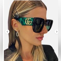 Beautiful Gucci Sunglasses Size 54-19-145 Gorgeous Green Color On The Arms And Green Lens. Full Set, Comes With Gucci Hard Case, Cleaning Cloth And Soft Case. Sunglass Pouch, Green Lens, Sunglasses Logo, نظارات شمسية, Sunglass Chain, Gucci Models, Gucci Sunglasses, Gucci Accessories, Gold Sunglasses