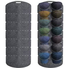 a hat rack with six hats hanging from it's sides and four different colors