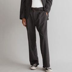 Nwt Price Includes Shipping Part Of The Milled In Italy Collection, Newest Pleat-Front Trousers Have A Relaxed Fit With Elevated Details Like A Hook-And-Bar Closure, Luxurious Italian Fabric And Welt Back Pockets. Pair Them With The Matching Blazer For A Pulled-Together Look. Regular Fit. 19" Leg Opening. 52% Wool/30% Recycled Polyester/17% Viscose/1% Elastane. Zip Fly. A Flecked Wool Blend Warms Neatly Pleated Trousers That Lend A Professional Slant To Your Aesthetic. 52% Wool, 30% Polyester, 1 Pleated Trousers, Italian Fabric, Dress Pants, Black Gray, Madewell, Mens Pants, Wool Blend, Black And Grey, Trousers