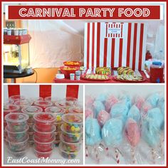 carnival party food including candy and candies in plastic containers, popcorn bags and cups