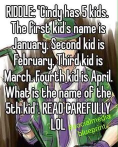 an anime character with the caption riddle that says riddle didn't has 5 kids