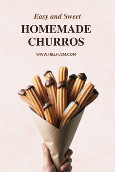 someone holding some kind of food in their hand with the words, easy and sweet homemade churros