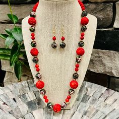 Handmade Necklace And Earrings Set Genuine Bamboo Coral Genuine Chinese Cloisonn Intricate And Detailed Carvings 14k Gold Plated All Vintage Beads Handmade With Love And Blessings Measures Approximately 22” Long Item Nk-58 Elegant Red Beaded Necklaces With Natural Stones, Elegant Red Beaded Necklace With Natural Stones, Formal Single Strand Red Coral Jewelry, Elegant Red Coral Round Bead Jewelry, Red Round Jewelry Sets With Matching Earrings, Elegant Red Jewelry With Matching Earrings, Red Coral Round Beads For Jewelry Making, Red Beaded Necklaces With Natural Stones, Elegant Red Coral Jewelry With Gemstone Beads