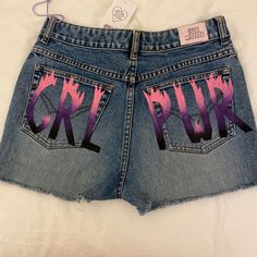 Custom Painted Girl Power Shorts Brand New Y2k Pink Bottoms For Summer, Y2k Style Pink Bottoms For Summer, Summer Denim Bottoms With Letter Print, Pink Y2k Denim Bottoms, Y2k Pink Denim Bottoms, Trendy Short Bottoms With Letter Print, Trendy Pink Jean Shorts With Pockets, Cute Pink Bottoms With Pockets, High Waist Summer Bottoms With Letter Print