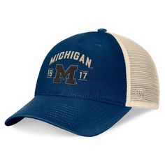 Shade your head on a sunny day and boldly showcase your love for the Michigan Wolverines by grabbing this Heritage Waylon trucker hat from Top of the World. It features a distinct Michigan Wolverines graphic embroidered across the front panels and mesh mid and rear panels that help you make the most of a pleasant breeze. The snap closure ensures that your perfect fit is never more than a snap or two away when you reach for it. Michigan Wolverines, Top Of The World, Mens Navy, Sunny Day, Adjustable Hat, World Heritage, Sunny Days, Team Logo, Snap Closure