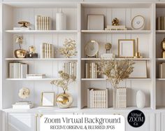 a white bookcase filled with lots of books and vases on top of it