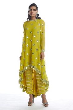 Shop for Vvani by Vani Vats Green Georgette Asymmetric Kurta And Pant Set for Women Online at Aza Fashions Tailor Design, Vani Vats, Dhoti Pants, Dresses Indian, Embroidered Neckline, Indian Fashion Designers, Kurta With Pants, New Fashion Trends, Kurta Set