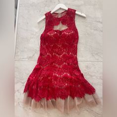 Flattering Red Tulle Lace Dress Elegant Red Sheer Dress, Red Sheer Dresses For Spring, Red Sleeveless Mini Dress For Gala, Flirty Red Dress For Gala, Red Sheer Mini Length Dress, Red Mini Dress For Wedding Party, Red Sheer Mini Dress, Red Fitted Lace Prom Dress, Red A-line Lace Dress